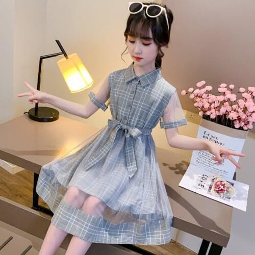 Girls Dresses Plaid Mesh Patchwork Shirt Collar Children Summer Elegant Dress for Girls 3 To12 Years Kids Princess Party Clothes