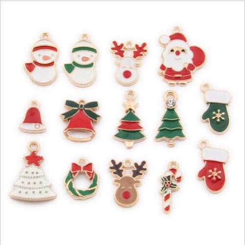 10pcs/Lot Christmas Style Enamel Alloy Charms Gold Tone Oil Drop Snowman Ring Bell Tree Glove Hat Candy Deer Pendants