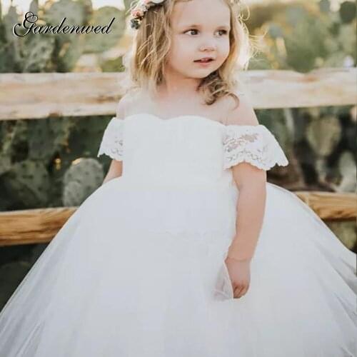 Gardenwed Puffy Ivory Flower Girl Dresses Child Lace Appliques Communion Dress Kids Off Shoulder Ball Gown,Celebrity Dress