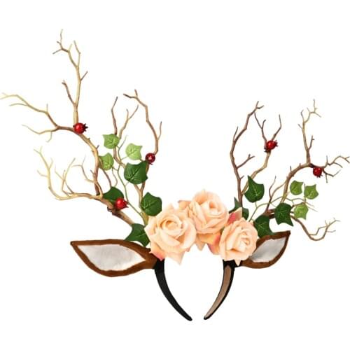 Retro Vintage Deer Ears Tree Branches Headband Sheep Horns Leaf Roses Headdress Halloween Party Cosplay Hair Fancy Dress