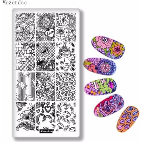 Mezerdoo Nail Stamping Plate Fashion Girl Rectangle Template feather Chain Design Manicure Nail Art Stamp Image Plate Tools C52