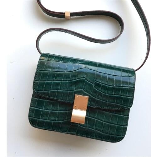 Tofu Bag Crocodile Pattern Box Small Square Bag High-end Leather Female Bag Dark Green One-shoulder Messenger Bag Tide