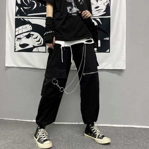 Streetwear Chain Cargo Pants Men Women Harajuku High Street Black Pants Jogging Punk High Waist Casual Trousers Plus Size
