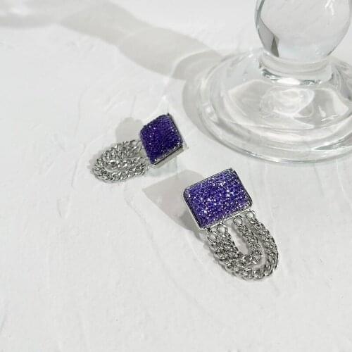 Vintage Fashion Green Purple Stone Square Metal Chain Tassel Earrings for Women Geometric Acrylic Drop Earrings Jewelry