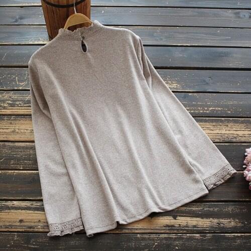 FairyNatural Women Lace Stand Collar Cotton T-Shirt Ladies Loose Long Sleeve Autumn Spring Basic Tee Long Sleeve Patchwork