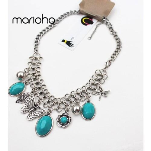 Womens Retro Fashion Alloy Metal Flower Butterfly Pendant Chokers Chain Blue Black Geometric Necklace Party Jewelry Accessories