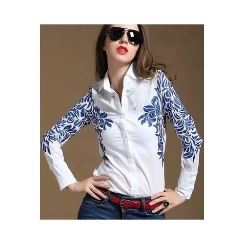 Womens summer fashion shirts Long-sleeved white shirt printing show thin shirt big yards of blue and white porcelain shirt