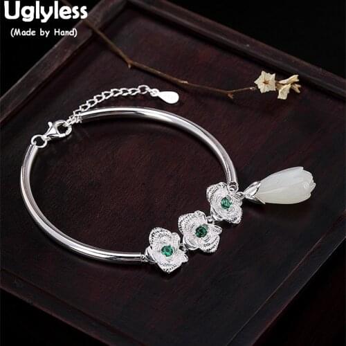 Uglyless 100% Real Solid 925 Sterling Silver Handmade Flowers Bangles for Women Natural Jade Magnolia Bracelets Floral Charms