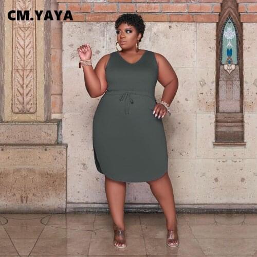 CM.YAYA Women Plus Size Dress Solid Sleeveless O-neck Draw String Waist Stretchy Midi Dresses Casual Fashion Vestidos Summer