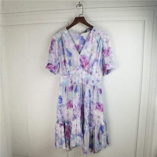 Womens Blooming Floral Printed Mini Dress V-neck High Waist Short Sleeve Female Robe 2021 Spring Summer New