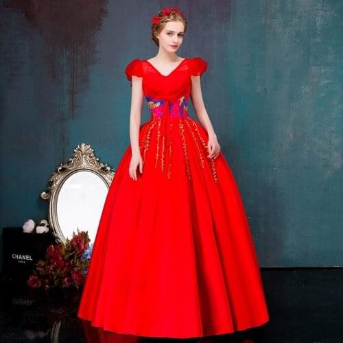 100%real red bubble sleeve flower embroidery ball gown Medieval Renaissance queen Dress Victoria dress /princess Belle Ball