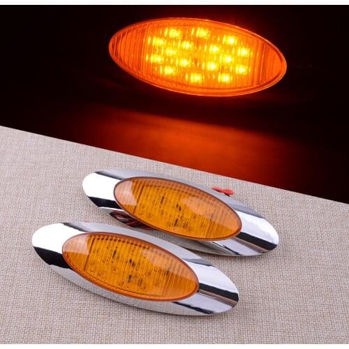 2Pcs/Set Car 2 Wires 12V Amber LED Clearance Thin Side Marker Lights 16 LED Chrome Oval Fit For Freightliner Truck Universal