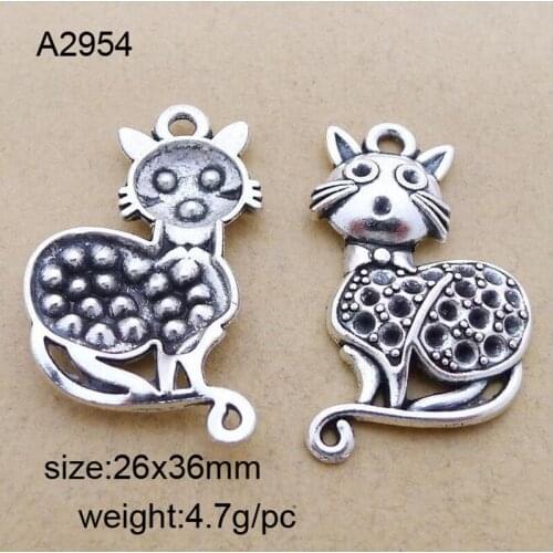25pcs Antique Silver Qute Alloy Cat Charms Pendants 26x36mm