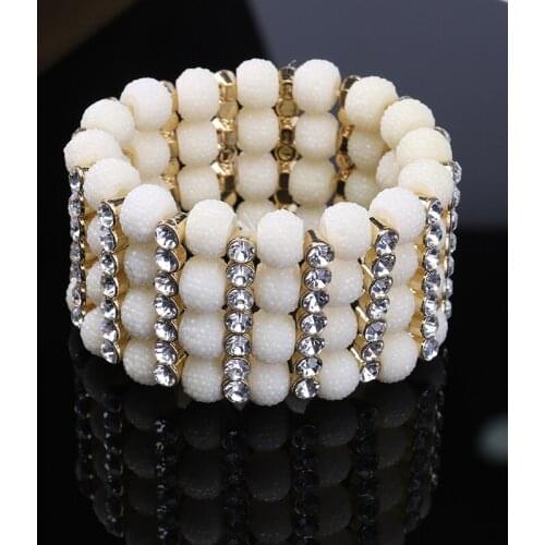 American Hot Style Stylish Multi-Layer Inlaid Glass Bracelet For Woman Geometric Beige Round Bead Elastic Bracelet