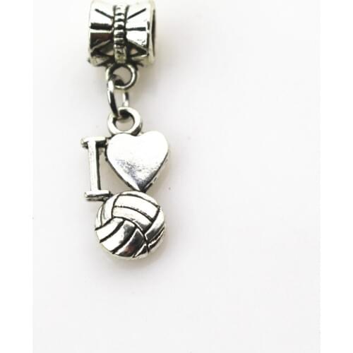 Free shipping 20pcs/lot I love vollyball hanging charm big hole pendant beads charm fit pando bracelet diy jewelry dangle charms