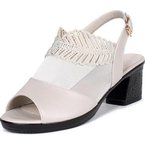 2020 Summer Rhinestone Mesh Women Sandals Fashion Fish Mouth Sandals Elegant High Heel Sandals Comfort Genuine Leather Sandals