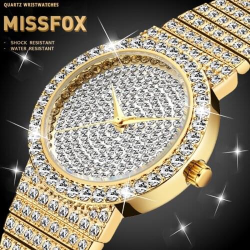 MISSFOX 7mm Ultra Thin Slim Mens Watch Iced Out Diamond Quartz Gold HIP HOP Watches Stainless Steel Watch Relogio Masculino