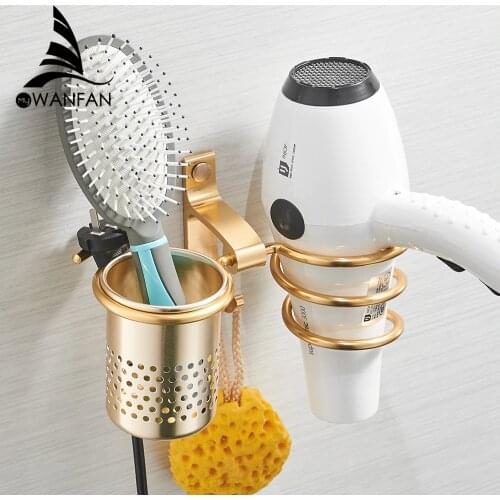 Hair Dryer Holder With Cup Households Rack Hair Blow Dryer Shelf Metal Wall Mount Bathroom Accessories Gold Hair Dryer Rack 9248