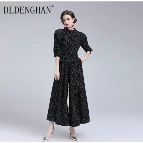 DLDENGHAN Fashion Runway Designer Autumn Jumpsuits Women Stand Collar Half Sleeve Striped Print Office Lady Wide Leg Pants