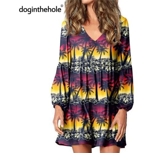 Doginthehole Womens Summer Casual Swing Tunic Gradient Hawaii Tropical Pattern Long Sleeve Ruffle Loose Dress For Teen Girls