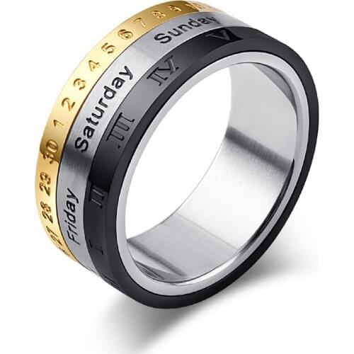 Titanium Steel Rotatable Week calendar Date Ring Mens Gold Black Silver Color Rings Engagement Men Jewelry Punk Gift for Men