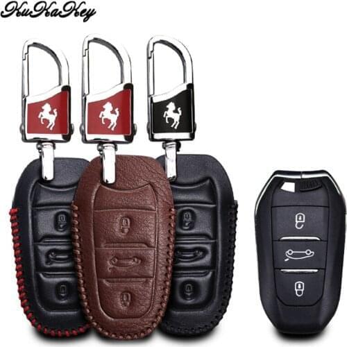 Leather Car Key Cover with Metal Horse Pattern Keychain For Peugeot 3008 5008 208 307 308 508 2008 4008 408 301 308S Accessories