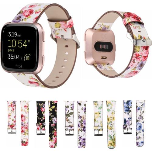 Floral Flower Leather Watch Strap For Fitbit Versa Band Vintage Wrist Belt Replacement Watch Bands w Quick Release Pins Bracelet