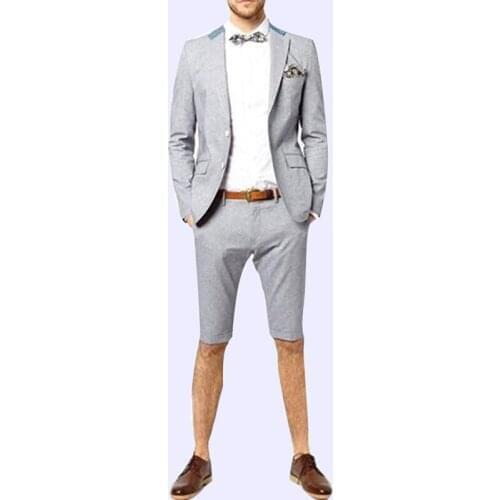 Summer Fashion Tailor-Made Men Clothing Grey Gentleman Slim Fit Wedding Suits For Groom Tuxedos Groomsmen Suits Blazer And Short