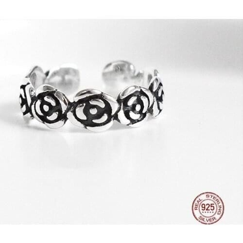 LKO Vintage Rose Flower Tail Ring 925 Sterling Silver Temperament Personality Fashion Gift for Women Resizable Opening Rings