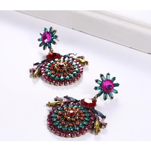 Fashion Luxury Round Multilayer Rhinestone Hollow Flower Pendant Drop Earrings for Women Girls Jewelry