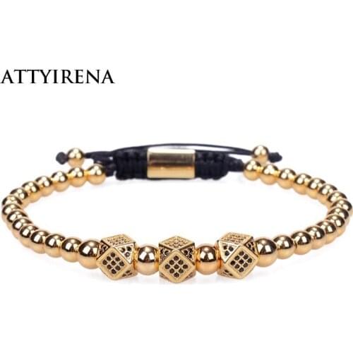 Fashionable Design Hip Hop Gold Men Bracelets Round Beads Micro Pave Black CZ Beads Cube Dice Macrame Braided Charm Bracelets