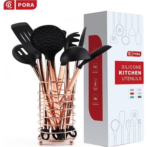 11/12Pcs Kitchen Utensils Set Nonstick Pan Silicone Cooking Utensils Rose Gold Handle Cookware With Stand Kitchen Tools Set