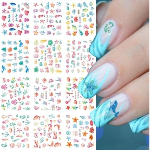 12pcs Ocean Animal Summer Nail Water Decals Starfish Coral Reef Seaweed Sticker Sea Life Nails Art Transfer Slider BEBN1813-1824
