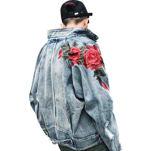 Spring New Mens Clothing Denim Jacket 3D Rose Flower Embroidery Vintage Frayed Hole Coats High Street Hip Hop Outerwear