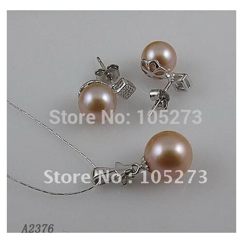 Charming!pink pearl pendant & earring AA 8-10MM Round pink Color Genuine fresh water pearl jewelry set free shipping A2376