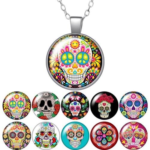 Skull Flowers Patterns Punk Round Pendant Necklace 25mm Glass Cabochon Silver color/Crystal Jewelry Women Party Birthday Gift