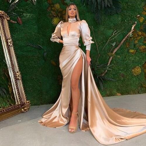 Eightale Arabic Evening Dress High Neck High Side Split Long Puff Sleeves Satin Party Dress Pleats Dubai Champagne Prom Gown