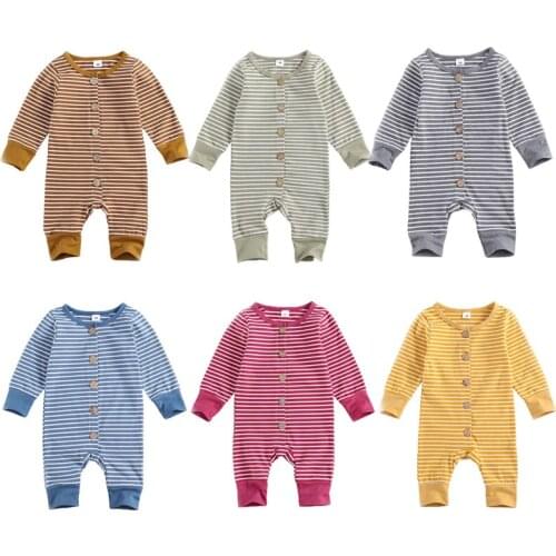 0-12M Casual Newborn Baby Boy Girl Long Sleeve Single Breasted Striped Romper Jumpsuit Cotton Clothes