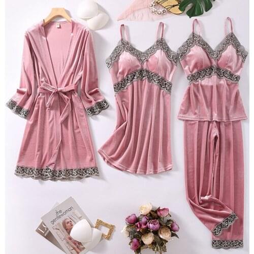 Casual 4PCS Velour Pajamas Sets Female Sleepwear Kimono Bathrobe Gown Sleep Suit Soft Spring New Nightwear Home Wear Pyjamas