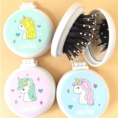 1PC Unicorn Makeup Comb Hair Brush Styling Tool Portable Mini Folding Comb Airbag Massage Round Travel Hair Brush with Mirror