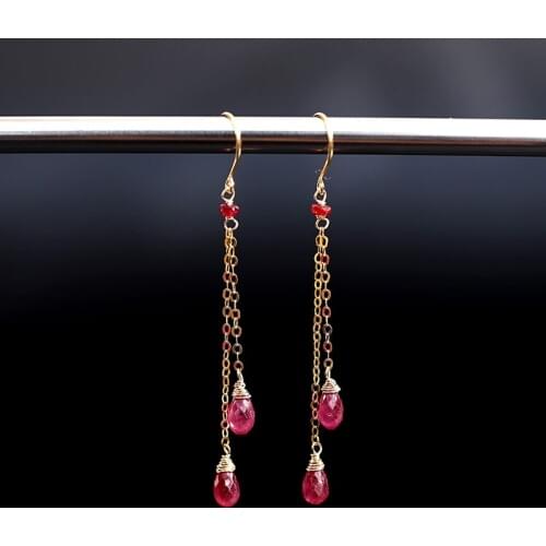 DAIMI 18K Genuine Gemstones Gold Ruby Long Earrings Womens Days Genuine and Simple Earrings for Girlfriend