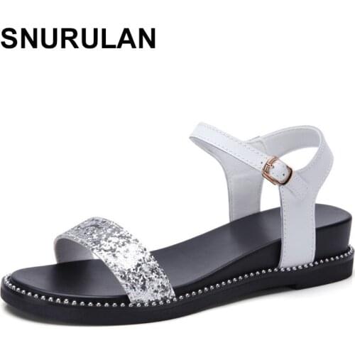 SNURULAN Women Sandals Shoes Summer Women Flat Sandals Bling Glitter Silver Fashion Breathable Casual Elegant Ladies Sandals