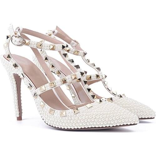 White Pearl Rivet High Heels Sandals Women Fashion Wedding Shoes Thin Heels Slingbacks Pointed Toe Pumps Shoes For Brides Sandal