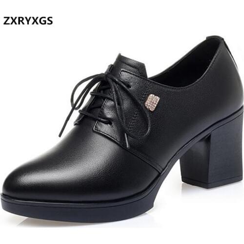 2020 New Autumn Black Shoes Woman Deep Mouth High Heels Large Size Plus Velvet Warm Shoes Winter Lace-up Genuine Leather Shoes
