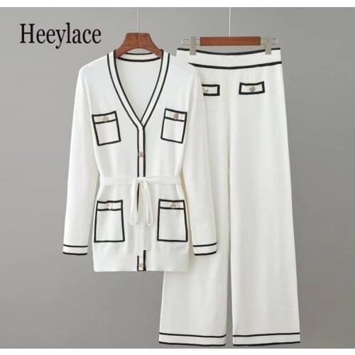 New Women V-neck Long Sleeve Contrast Colors Belt Pocket Single-breasted Knitted Cardigan Coat + Straight Pants 2 Piece Sets