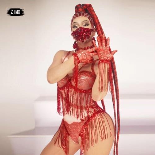 Sexy Red Lace Print Party Bodysuit for Women Tight Fitting Tassel Leotard Nightclub Pole Dance Bodysuit DJ Stage Outfits fashion