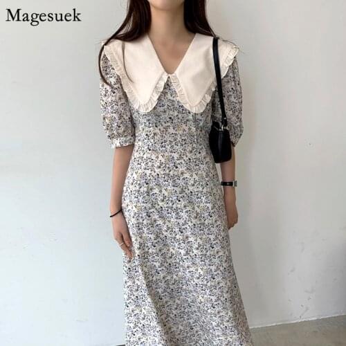 Korean Style Floral Dresses 2021 Fashion Summer Midi Dress Women Elegant A-line Turn-donw Collar Chic Printed Dress Robes 15339