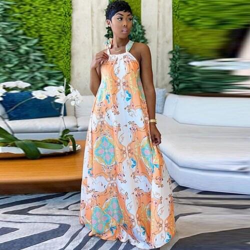 Geometric Pattern Vintage Floor Length Dress for Women Spaghetti Strap Sleeveless Bohemian Dress Summer Backless Beach Vestido