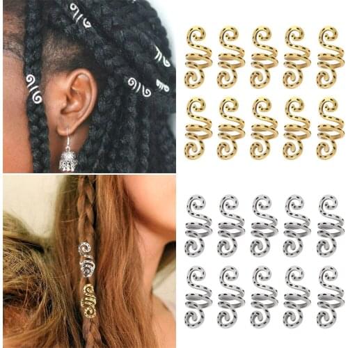 10Pcs Alloy Tube Dreadlock Clips Hair Braid Bead Vintage Gold And Silver Braided Spiral Wig Beads Hair Ring Charms Accessories