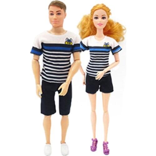 2sets/lot Striped Sea Blue Casual Wear Costume Top Shirts Shorts Pants for Barbie Doll Outfits Clothes for Ken Boy Male Doll
